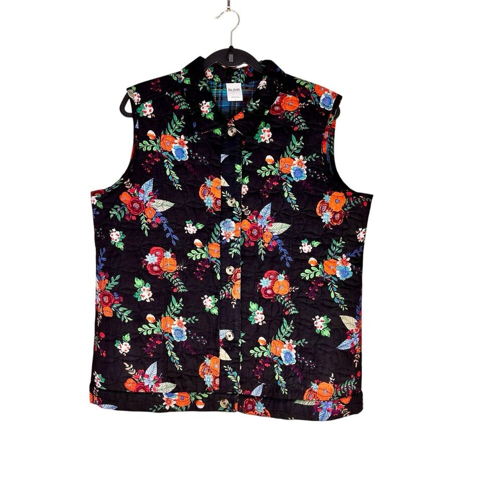 Blair Quilted Floral Vest Black Cottagecore Button Front Size L